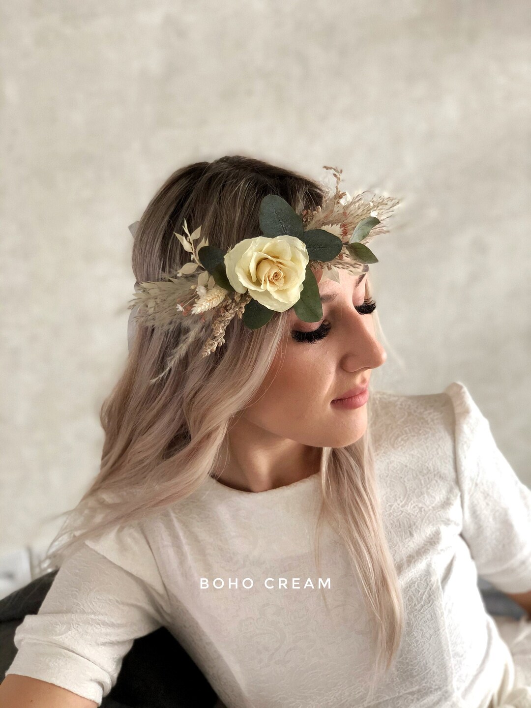 Tiara With Roses Bridal Tiara, Retro Tiara With White Rose and Ruscus, Boho Bridal Set ...