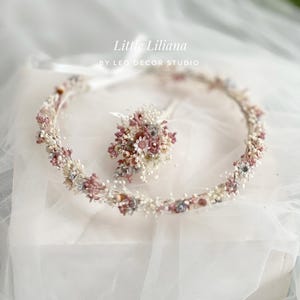 Thin bridal Crown of dried Flowers, White bridal crown, white pink flower crown, Dried flower Headpieces, Bridal Headpieces, Communion crown