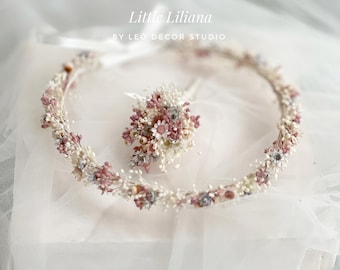 Fine couronne de mariée de fleurs séchées, couronne de mariée blanche, couronne de fleurs rose blanche, coiffes de fleurs séchées, coiffes de mariée, couronne de communion