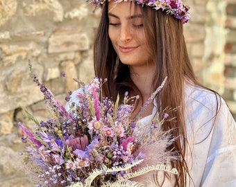 Corona di fiori da sposa, fiori da sposa viola, accessori per capelli di fiori, copricapo di fiori da sposa, diadema di fiori, rose viola, forcina per capelli di fiori