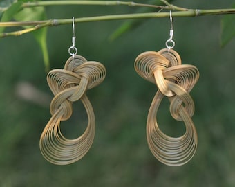 Handmade Bamboo Braided Auspicious Clouds Statement Drop Earrings • Artistic Dangle Organic Bamboo Sterling Silver Hook Artsy Earrings