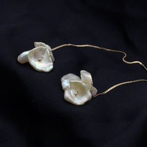 Natural Baroque Pearl Petal Floral Long Gold Threader Earrings • 14K Gold Fill Pearl Drop Earrings • Delicate Boho Bridal Wedding Earrings