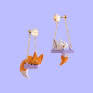 Creative Asymmetrical 3D Cartoon Fox or Cat on Swing Earrings • Cute Animals Drop Earrings • Cat Dangle Fidget Studs/Clips Earrings