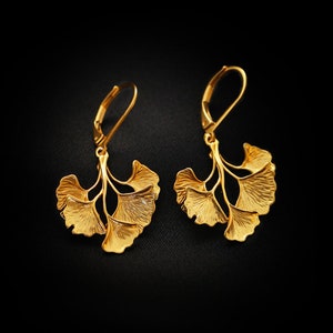 Ginkgo Leaves Gold Hook Drop Earrings • Organic Shape Carved Out Dangle Ginkgo Earrings • 18K Gold-Plated Statement Drop Floral Earrings