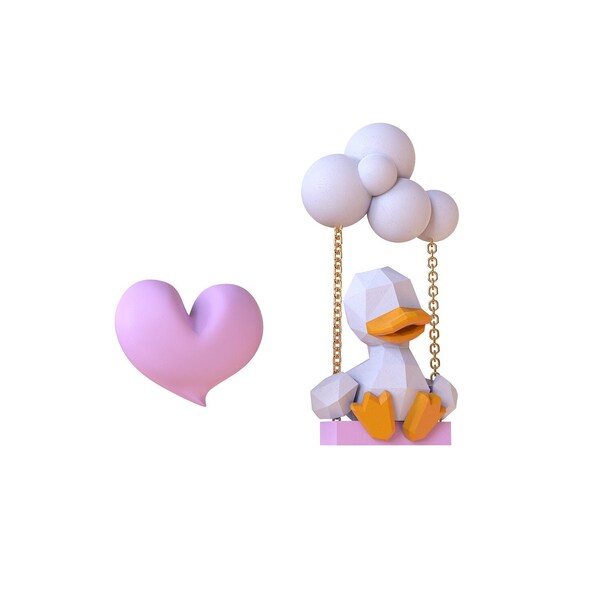 Asymétrique Duck On Cloud Swing Fidget Toy Stud Earring • Pink Heart White Cloud Cute Swing Duck Earrings • Cartoon Animals Earrings / Clips