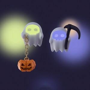 Asymmetrical Spooky Glow In the Dark Halloween Earrings • Cute Cartoon Ghost & Pumpkin Stud Earrings • Mis-Match Fun Fidget Earring/Clips