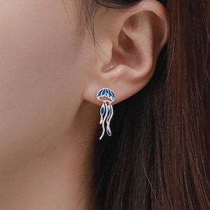 Sterling Silver Blue Jellyfish Earrings • Lightweight Hypoallergenic Stud Earrings • Jelly Fish Tentacles Fidget Earrings