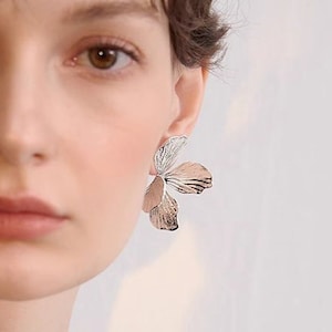 Big Abstract Silver Flower Statement Earrings • 3D Sculptural Large Bow Stud Earrings • Jumbo Artsy Floral Bridal Wedding Earrings