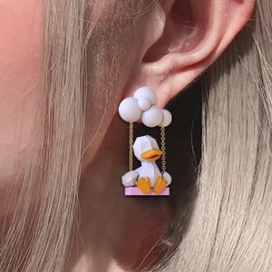 Asymmetrical Duck On Cloud Swing Fidget Toy Stud Earring • Pink Heart White Cloud Cute Swing Duck Earrings • Cartoon Animals Earrings/Clips
