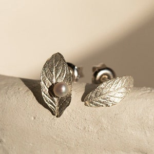 Handcrafted Sterling Silver Small Leaves Stud Earrings • Japanese Zen Style Freshwater Pearl Leaf Studs • Dainty Delicate Art Jewelry Gift
