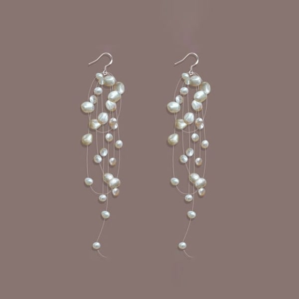 Natural Freshwater Baroque Pearl Drop Earrings • Delicate Beaded Pearl Earrings • Dainty Baby's Breath Vines Pearl • Boho Wedding Earrings