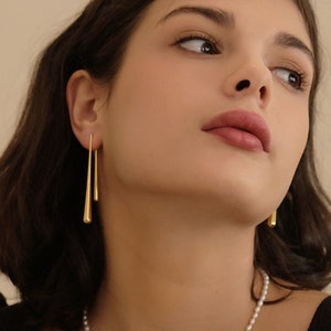 18K Gold Plated Titanium Steel Asymmetrical Teardrop Suspender Drop Earrings • Minimalist Silver Earring • Modern Geometric Stud Bar Earring