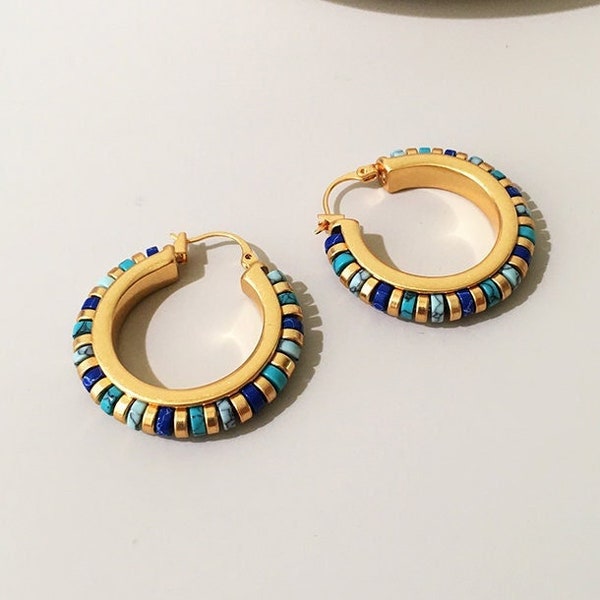 Exotic Turquoise Beaded Gold Hoops • 18K Gold Plated Chunky Gold Hoop Earring with Beautiful Stones • Turquoise Tile Beads Cleopatra Jewelry