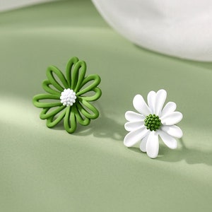 Cute Asymmetrical Little Flowers Stud Earrings • Hypoallergenic Sterling Silver Push Back Studs Earrings • Colorful Daisy Summer Earrings