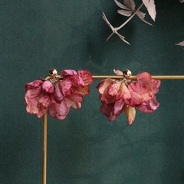 Romantic Lifelike Silk Cloth Ruffled Petal Statement Flower Earrings • Handmade Floral Boho Bridal Clip-on Earrings • Pink Wedding Earrings