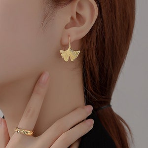 Minimalist 18K Gold-Plated Ginkgo Leaves  Earrings • Small Dangle Ginkgo Earrings • Hypoallergenic Statement Dainty Drop Floral Earrings