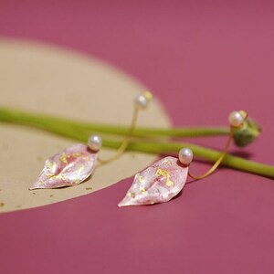 Dainty 14K Gold Vermeil Hand-Painted Pink & Gold Peach Leaf C-Shape Earrings • Wedding Earrings • Natural Mineral Pigment Earrings