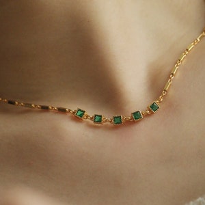 Emerald Zircon Gold Chain Dainty Necklace • Elegant Vintage Style Necklace • Green Stone Emerald Necklace • Minimalist Gold Plated Choker