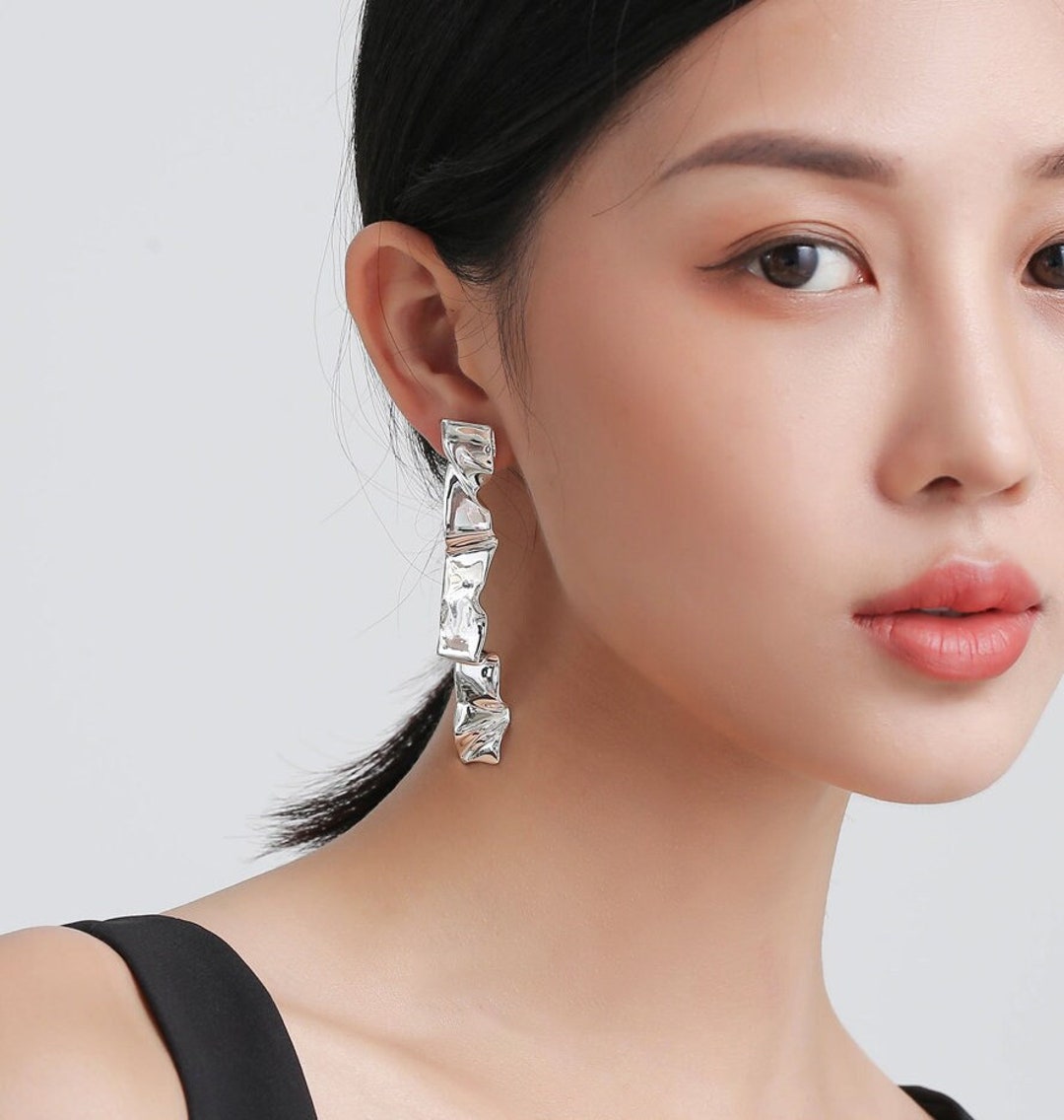 Abstract Aluminum Foil Paper Origami Inspired Long Stud Earrings 40mils