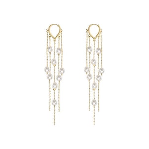 Cascade Pearl Beads Tassel Drop Statement Earrings • 18K Gold Plated Chandelier Pearl Earrings • Threader Curtain Wedding Bridal Earrings
