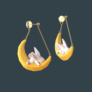 Creative Design 3D Cartoon Rabbit on Moon Swing Earrings • Cute Animals Drop Earrings • Cat Dangle Fidget Studs/Clips Earrings