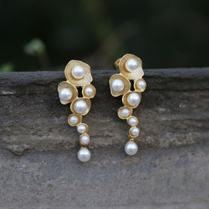 Artsy Grapevine Pearl Drop Gold Statement Earrings • Chandelier Floral Gold White Bridal Earrings • Allergy-Free s925 Sterling Silver •