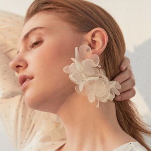 Romantic Chiffon Flower Blossom Stud Hoop Earrings • White Floral Airy Bridal Earrings • Artsy Wedding Earrings