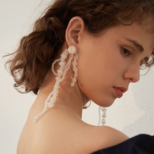 Long Acrylic Beads Crystal Drop Earrings • Statement Long Drop Bridal Earrings • Crystal Beads Wedding Earrings