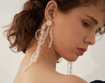 Long Acrylic Beads Crystal Drop Earrings • Statement Long Drop Bridal Earrings • Crystal Beads Wedding Earrings