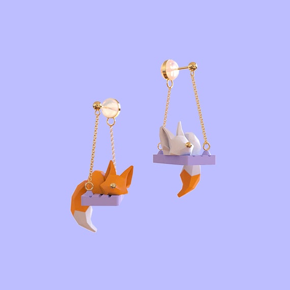 Creative Asymmetrical 3D Cartoon Fox or Cat on Swing Earrings - Etsy Creative Asymmetrical 3D Cartoon Fox or Cat on Swing Earrings - Etsy