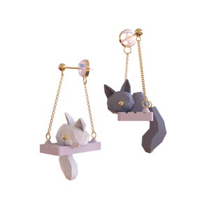Creative Asymmetrical 3D Cartoon Cat or Fox on Swing Earrings • Cute Animals Drop Earrings • Cat Dangle Fidget Studs/Clips Earrings