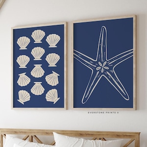 Set of 2 Coastal Wall Print | Beach House Art, Seashell Wall Art, Starfish Poster, Trendy Ocean Wall Art, Beachy Print Set, Digital Print