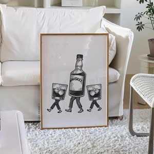 Retro Walking Whiskey Art | Whiskey Poster, Bar Cart Art, Kitchen Wall Art, Bar Art Printable, Kitchen Print, Funny Whiskey, Printable Art