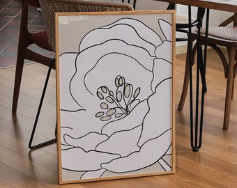 Bloemlijn kunstprint | Minimalistische muurkunst, bloemenkunstprint, kunst aan de muur in de woonkamer, bloemposter, bloemenlijnkunst, bloemkunst aan de muur
