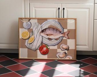 Table Food Poster | Kitchen Wall Art, Food Art Prints, Food Illustration, Trendy Kitchen Art, Retro Food Art, Kitchen Poster, Food Drawing