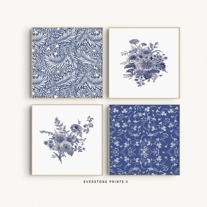 French Floral Set of 4 | Blue Wall Art, Nature Pattern, Vintage Botanical, Farmhouse Art, French Country Art, Bouquet Square Prints