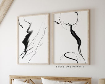 May include: A white bed with a wooden headboard and a yellow and brown blanket. Two black and white abstract art prints hang on the wall above the bed. The text "EVERSTONE PRINTS ©" is visible in the bottom right corner of the image.