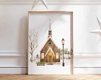 Winter Church Print | Holiday Wall Art, Winter Prints, Christmas Printable, Winter Wonderland, Christmas Prints, Winter Wall Art