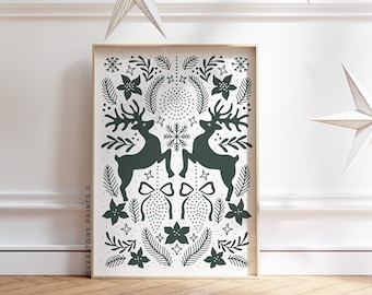 arte de parede de renas | Decoração de natal verde | Decoração de férias | Impressão de Natal | Arte clássica da parede de Natal | Arte de parede para impressão