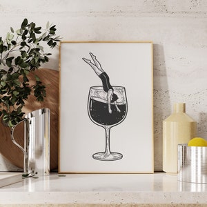 Retro Wine Art | Cocktail Print, Bar Cart Art, Kitchen Art, Wine Print, Kitchen Printable, Sketch Art, Bar Prints, Bar Printable
