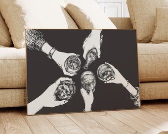 Puede incluir: Ilustración en blanco y negro de cinco manos levantando vasos en un brindis. Las manos sostienen vasos de alcohol y una botella de licor.