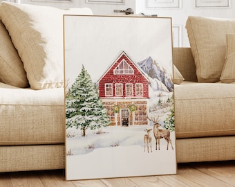 Holiday Red House Print | Holiday Wall Art, Winter Prints, Christmas Printable, Winter Wonderland, Christmas Prints, Winter Wall Art