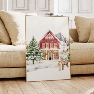 Holiday Red House Print | Holiday Wall Art, Winter Prints, Christmas Printable, Winter Wonderland, Christmas Prints, Winter Wall Art