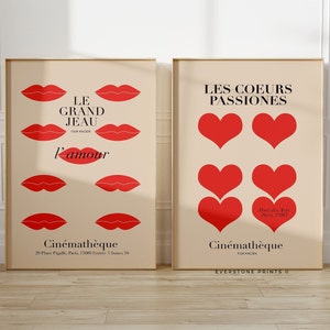 Vintage französisches Filmset | French Kiss Art, Herz Wandkunst, Retro Kunstdruck, Paris Poster, Ausstellungsplakat, Minimalistische Wandkunst, Werbeplakat