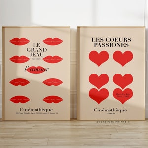 Vintage French Film Set | French Kiss Art, Heart Wall Art, Retro Art Print, Paris Poster, Exhibition Poster, Minimalist Wall Art, Ad Poster