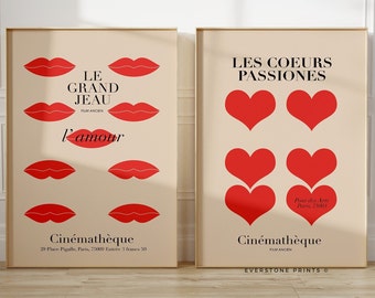Vintage French Film Set | French Kiss Art, Heart Wall Art, Retro Art Print, Paris Poster, Exhibition Poster, Minimalist Wall Art, Ad Poster