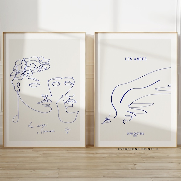 Jean Cocteau Set of 2 Prints  | Vintage Exhibition Poster, Line Drawing, Continuous Line Art, French Artist, Museum Poster, Printable Art