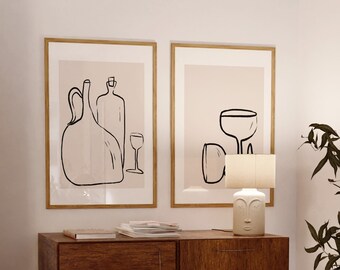 Set van 2 stillevens | Voedseltafelposter, keukenmuurkunst, voedselkunst, retro muurkunst, preppy appartementkunst, trendy keukenkunst