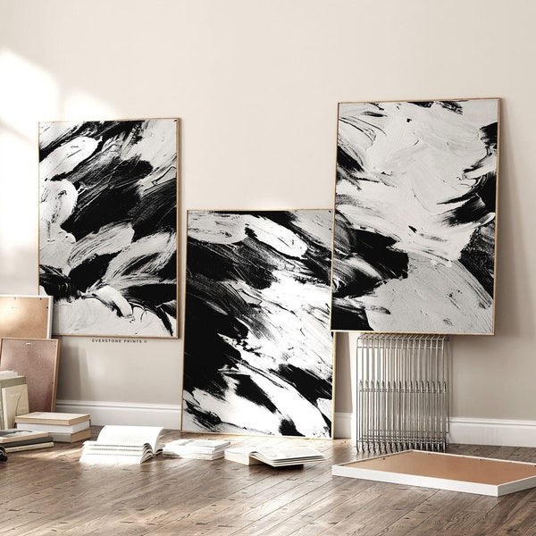 Black White Abstract Acrylic Painting | Modern Abstract Art, Neutral Gallery Wall Art, Brushstrokes Art, Living Room Wall Art, Printable Art