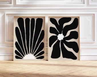 Abstraktes botanisches 2er-Set | Florale Wandkunst, abstrakte Blumenkunst, botanischer Mid-Century-Blumendruck, Groovy-Blumendruck
